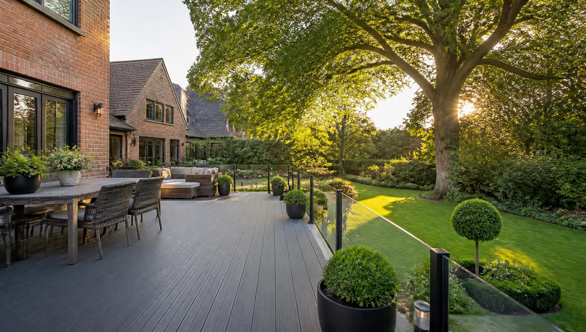 Composite garden decking with glass balustrade built by Decking Cheshire in a Cheshire garden