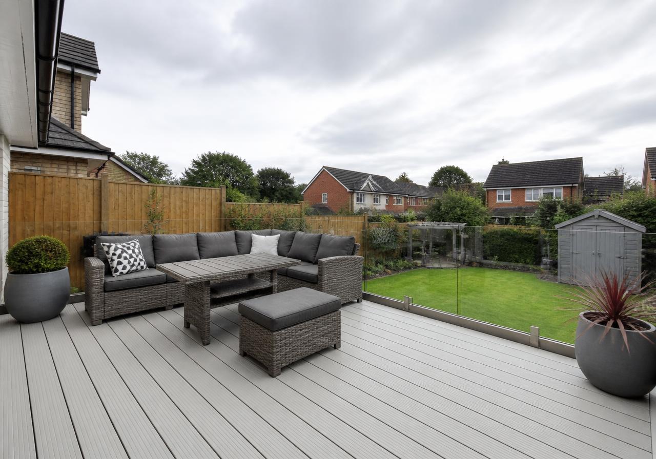 Light grey composite decking terrace with glass balustrade and rattan seating in a Cheshire garden