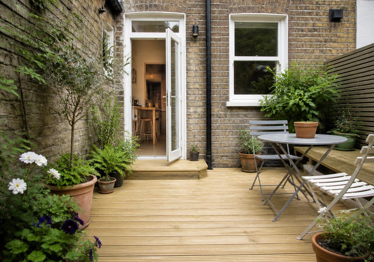 Small courtyard garden with golden timber decking, bistro set and potted plants