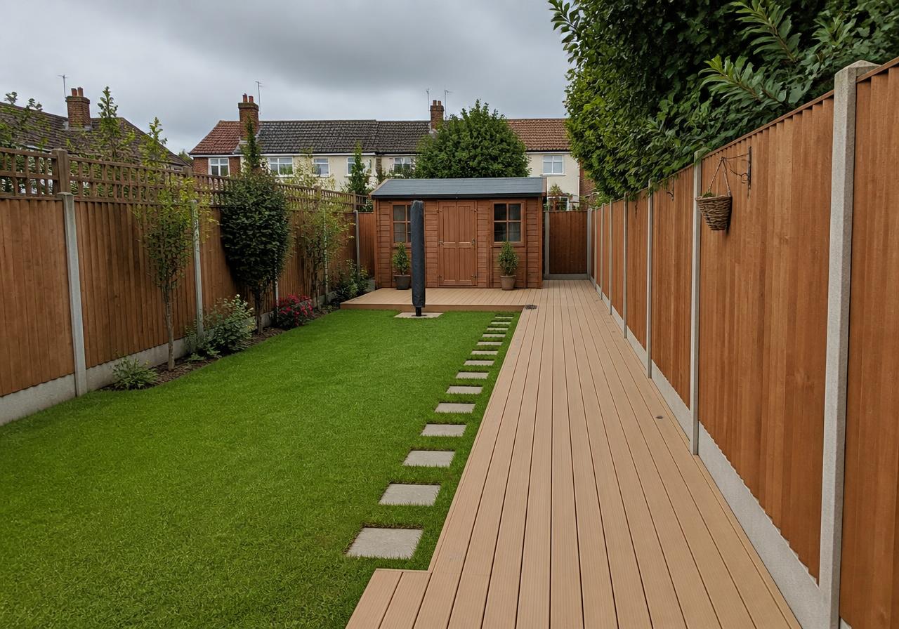 Long narrow garden with light oak composite decking walkway beside a lawn