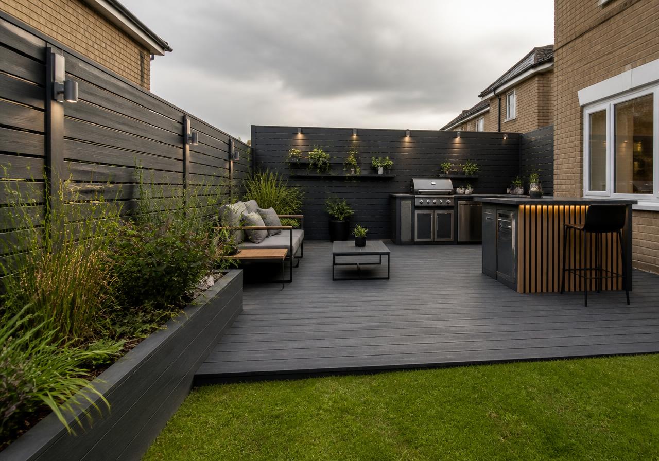 Charcoal composite decking with built-in planters and an outdoor kitchen bar